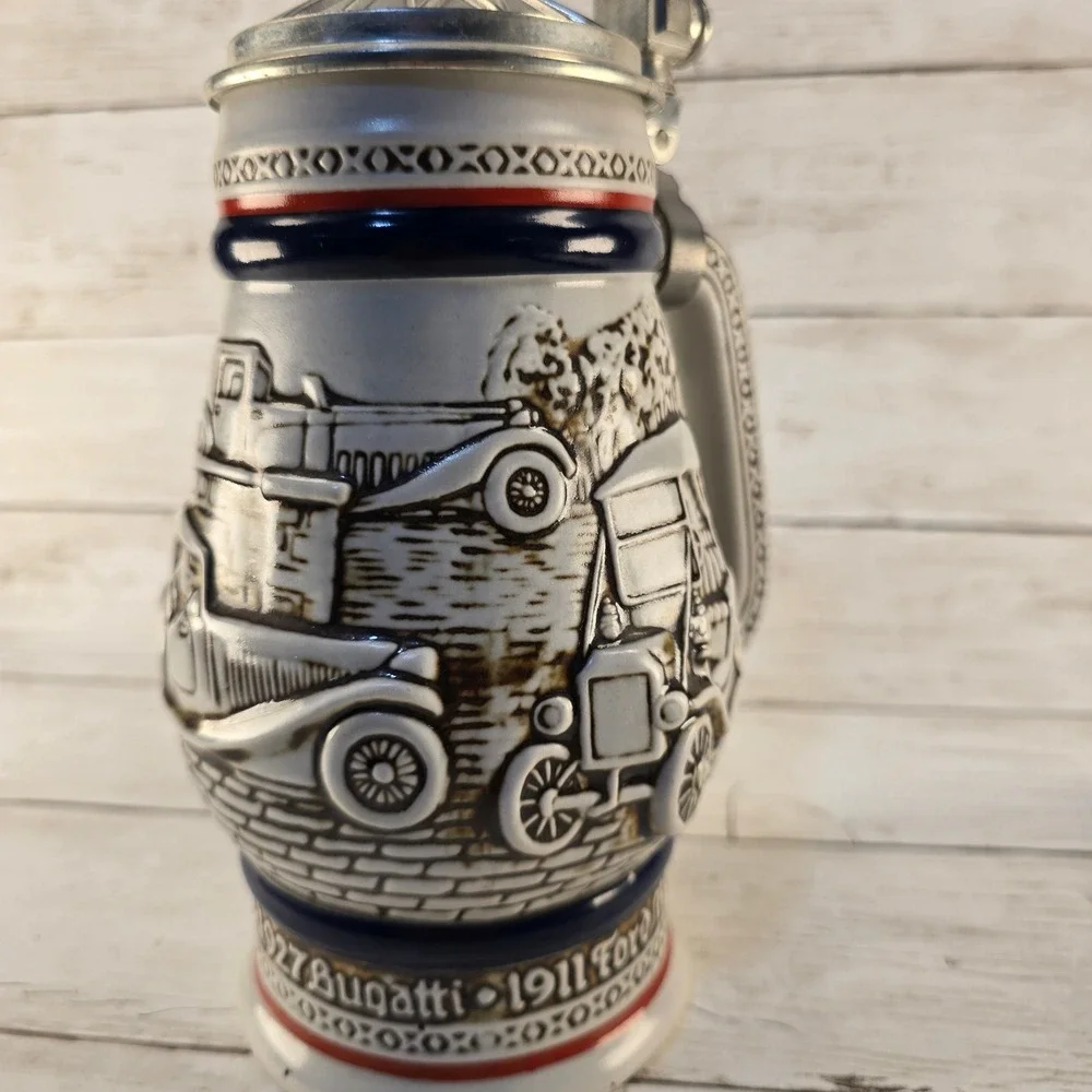 Vintage 1979 Avon Antique Cars Beer Stein Ceramarte Brazil Ford Bugatti Stanley